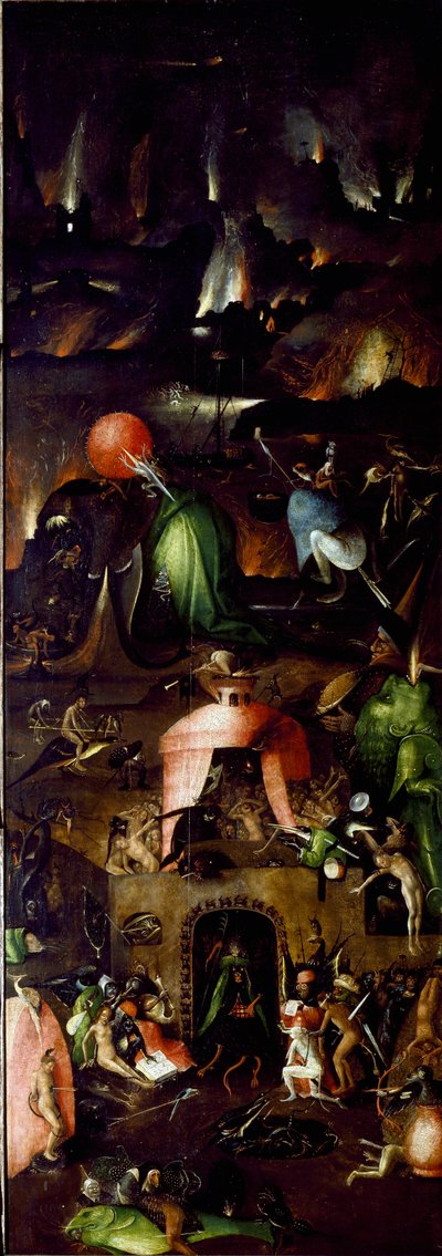 最後の審判のトリプティック（Das Weltgerichts-Triptychon）：右パネルは地獄を表しています。ヒエロニムス・ヴァン・エーケン（アーヘン）の木に描かれたこのジェローム・ボッシュ（1450-1516）の1504年の日頃の作品。167.5x60 cm ウィーン、ゲマルデギャラリー・デア・アカデミー・デル・ビルトエンデン・クンスト 作： Hieronymus Bosch