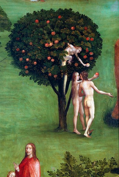 最後の審判のトリプティック、左パネル。楽園のアダムとイヴ」詳細（木に描かれた絵、1504年頃 作： Hieronymus Bosch