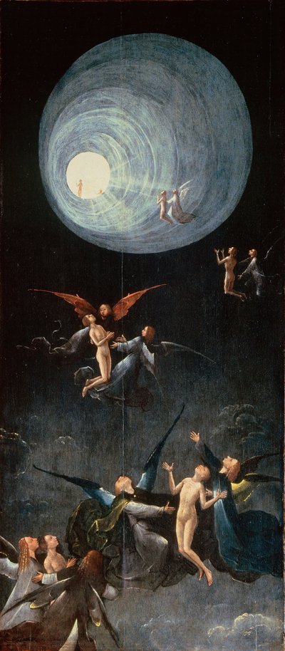 les ames bienheureuses.Le Paradis - 天国への上昇。より。ボッシュ、ヒエロニムス（1450年頃～1516年）の「来世の4つのビジョン」。木に油彩、サイズ：88,8x39,9、1490年頃～1510年、ヴェネツィア、パラッツォ・グリマーニ蔵 作： Hieronymus Bosch