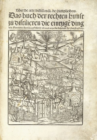 風景の中の人物とハーブ蒸留所を説明するタイトルページ 作： Hieronymus Brunschwig