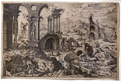 悔悛する聖ヒエロニムスを描いた廃墟の風景 作： Hieronymus Cock