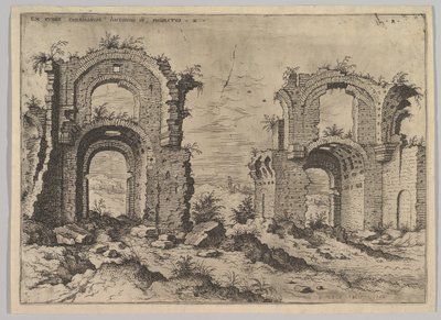 ローマ時代の遺跡のセットからの1550年のディオクレティアヌス浴場の2番目のビュー。 作： Hieronymus Cock