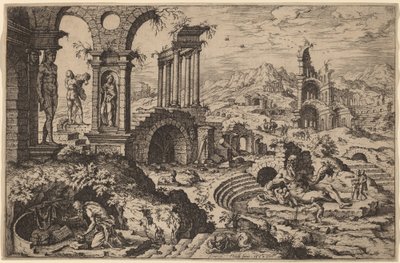 廃墟のある風景の中の聖ヒエロニムス 作： Hieronymus Cock after Maerten van Heemskerck