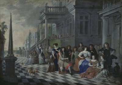 宮殿の前で音楽を作るキャラクター、1672 作： Hieronymus Janssens