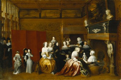 子供の誕生を祝う女性たちと、スクリーンの後ろからインテリアを眺める紳士たち 作： Hieronymus Janssens