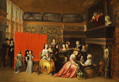 優雅なブドワールで子供の誕生を祝う女性たち 作： Hieronymus Janssens