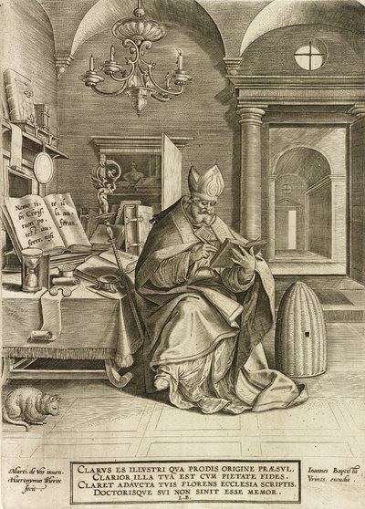聖アンブローズ、シリーズ「教会の4つの父」、パブ。 1586年 作： Hieronymus or Jerome Wierix