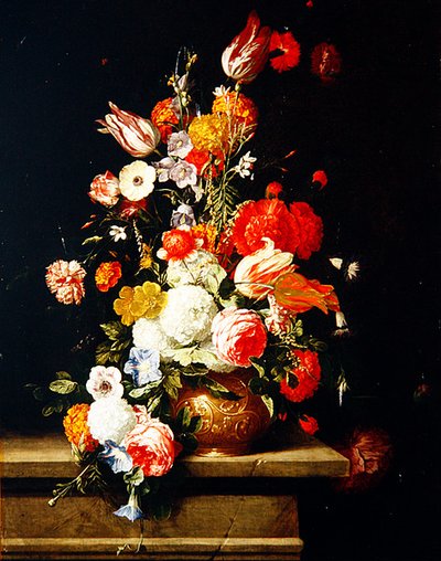 薔薇、牡丹、チューリップ、紫陽花をあしらったブロンズ製装飾壷（油彩・パネル） 作： Hieronymus the Elder Galle