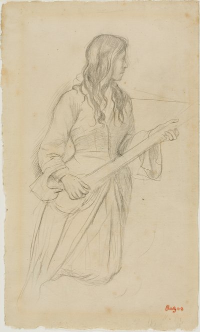 マンドリンを弾く若い女性、バレエ "ラ・ソース "のフィオクル嬢の肖像画のための習作 作： Hilaire Germain Edgar Degas