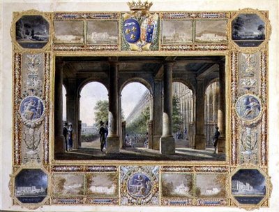 パリのパレ・ロワイヤルを中心に、ベリー公シャルル・フェルディナン（1778-1820）とブルボン家の妻マリア・カロリーヌの幼少期の邸宅のヴィネットが描かれている（紙に水彩画） 作： Hilaire Thierry