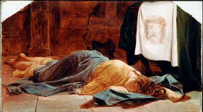 Saint Veronica 若い女性が聖なるシュラウドの近くで気絶している。聖なるヴェールは、ヴェロニクがカルヴァリーへの登攀中に汗をかいたとされるキリストの顔を表しています。ポール・ドラロッシュ（1797-1856）の絵画 19世紀 日28x49 cm パ 作： Paul Delaroche
