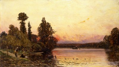 日没、川の端、1904 作： Hippolyte Camille Delpy