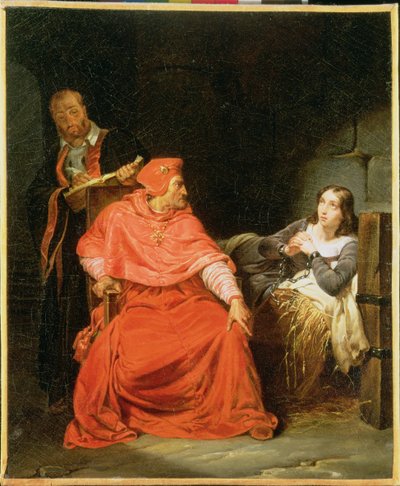 ジャンヌダルク（1412-31）ウィンチェスター枢機卿から尋問を受けた、1824年頃 作： Hippolyte Delaroche