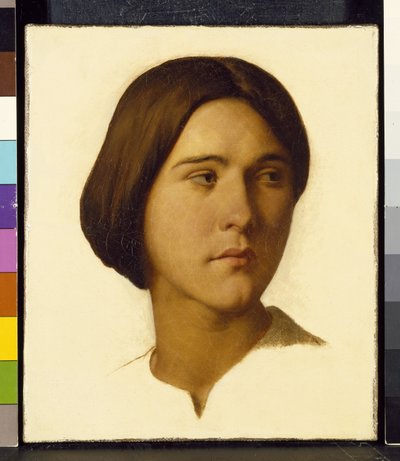 19世紀、彼女の左を見る若い女性の頭 作： Hippolyte Flandrin