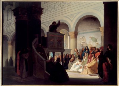 Savonarole (1452-1498) フィレンツェのサン・ミニアートの予言者。Jerome Savonarole、イタリア語ではGirolamo Savonarola（1452-1498）、1494年から1498年までフィレンツェを仕切っていたドミニコ会の兄弟でイタリアの予言者。絵画：イポリット・フランドラン（1809-1864）の作品 作： Hippolyte Flandrin