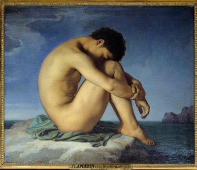 海辺に座る若い裸の男 撤退姿勢の思想家（内省）。Hippolyte Flandrin（1809-1864）による絵画 1836年。キャンバスに油彩。日。0,98x1,24 m - 海辺に座る若い裸の男。胎児のようなまどろみの姿勢でプロテスタントの思考者 作： Hippolyte Flandrin