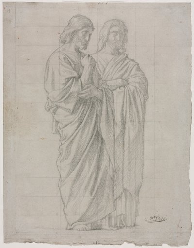 1860 年、「使徒の使命」の左セクションの習作である 2 人の立像。 作： Hippolyte Jean Flandrin