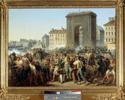 サン・ドニ門の戦い 1830年7月28日 1830年の革命期のパリ市民の反乱、またはトロワ・グロリューズ（Trois Glorieuses）。Hippolyte Lecomte（1781-1857）による絵画。1830.ディム。0.43 x 0.60 m. パリ、カルナヴァレ美術館 - サン・ドニ門での戦い 1830年7月28日 作： Hippolyte Lecomte