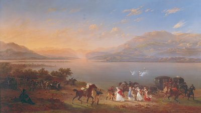 皇后ジョゼフィーヌ (1763-1814) がガルダ湖のほとりにあるイタリアのナポレオン (1769-1821) を訪問するために到着 作： Hippolyte Lecomte