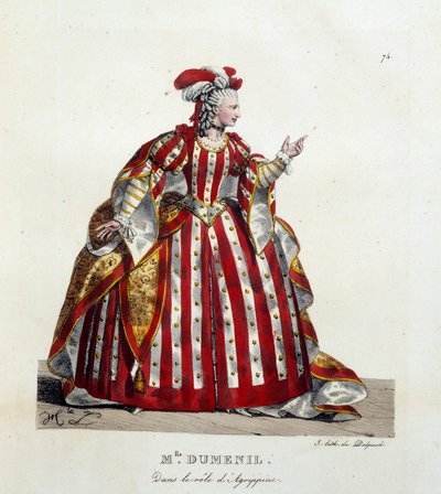 フランスの女優、マリー・フランソワーズ・マルシャン（マドモアゼル・デュムスニル、1713-1803）が、ジャン・ラシーヌ（1639-1699）の作品『ブリタニカス』のアグリッピーヌ役を演じている様子。リトグラフはイポリット・ルコント（1781-1857）によるもの。個人蔵 作： Hippolyte Lecomte