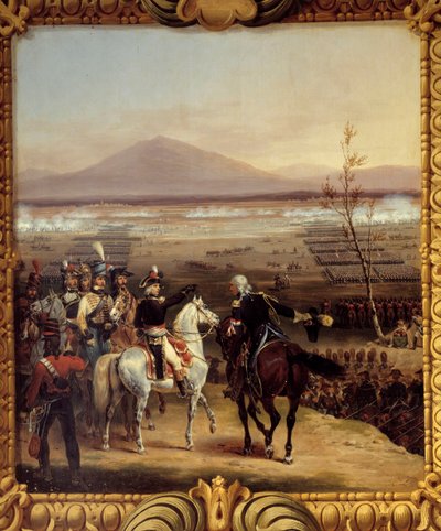 1797年3月16日、ボナパルトがリードするヴァルヴァゾーネ前のタリアメント川の通過：1796年から1797年のイタリアの田園地帯：ナポレオン・ボンが参加したマレシャル・ジャン・マチュー・フィリベール・セルリエ（1742-1819）が参加したタリアメント川の通過。 作： Hippolyte Lecomte
