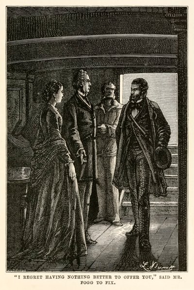 ジュール・ヴェルヌ(1828-1905)の「80日間世界一周」から、フォッグ氏がフィックス氏に言った「『君に何も提供できないのが残念だ』」。 作： Hippolyte Leon (after) Benett