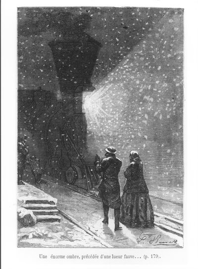 明るい光が先行する巨大な影、ジュールヴェルヌ（1828〜1905年）による「Around the World in Eighty Days」のイラスト、パン、1873年 作： Hippolyte Leon Benett