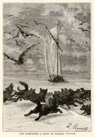 そして時には、ルイによって彫刻されたジュールヴェルヌ（1828-1905）による1八十七日の世界一周からのプレーリーオオカミのパック、1873 作： Hippolyte Leon after Benett