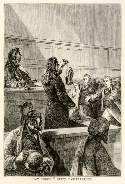 アドルフ・フランソワ・パンネメーカー（1822-1900）、1873年に刻まれた、ジュール・ヴェルヌ（1828-1905）による80日間の世界中からの私の靴！、パスパルトゥーは叫んだ 作： Hippolyte Leon after Benett