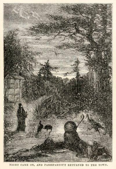 夜が近づき、パスパルトゥーは80年代の世界一周からジュールヴェルヌ（1828〜1905）によって町に戻った。 作： Hippolyte Leon after Benett