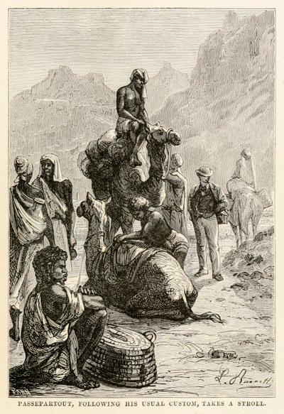 パスパルトゥーは彼の通常の習慣に従い、アドルフフランソワパンネメーカー（1822-1900）、1873年に刻まれたジュールヴェルヌ（1828-1905）の「世界一周」から散歩をします 作： Hippolyte Leon after Benett