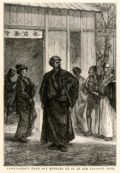 パスパルトゥーは、ルイス・プレヴォストによって刻まれたジュール・ヴェルヌ（1828-1905）によって、「世界一周80日間」から1873年に、古い日本のローブをくぐりぬけて出かけた。 作： Hippolyte Leon after Benett