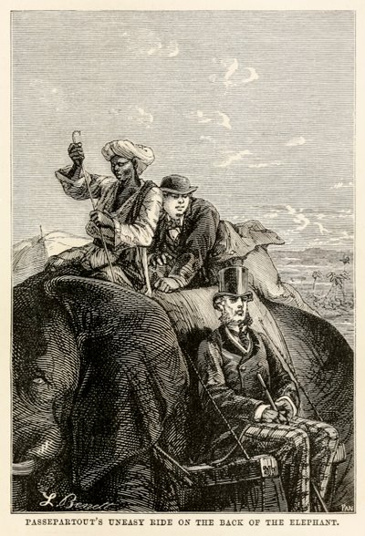 アドルフフランソワパンネメーカー（1822-1900）1873年に抱かれたジュールヴェルヌ（1828-1905）による、エイワールドの世界からの象の背中へのパスパルトゥーの不安な乗り物 作： Hippolyte Leon after Benett