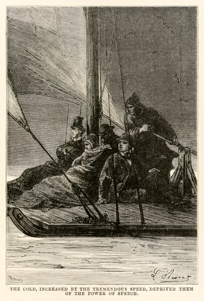 アドルフフランソワパンネメーカー（1822-1900）によって刻まれたジュールヴェルヌ（1828-1905）によって、「80日間の世界」から途方もない速度で増加した寒さは、彼らのスピーチの力を奪いました。 作： Hippolyte Leon after Benett