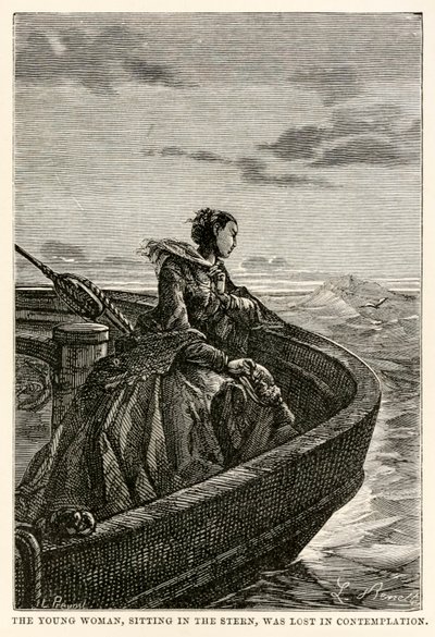 船尾に座っていた若い女性は熟考の中で失われました、ジュールヴェルヌ（1828-1905）著 『Around the World in Eighty Days』、ジャンルイプレヴォスト（1790-1850）、1873年 作： Hippolyte Leon after Benett