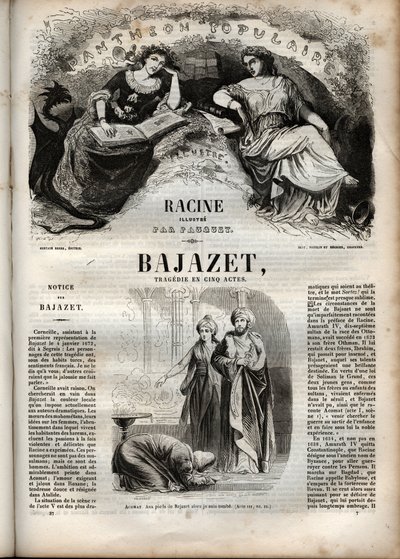 ジャン・ラシーヌの「三幕の悲劇」（Bajazet tragedie en cinq actes de Jean Racine） ポーケが挿絵を描き、エミール・ド・ラ・ベドリエールが告知した「ジャン・ラシーヌの作品集」の中の版画 - 1851年 作： Hippolyte Louis Pauquet