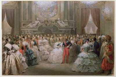 ビクトリア女王（1819-1901）とアルベール王子（1819-61）がナポレオン3世とユージニーによって与えられたガラディナーで、1853年（紙にトイレ） 作： Hippolyte Louis Pauquet
