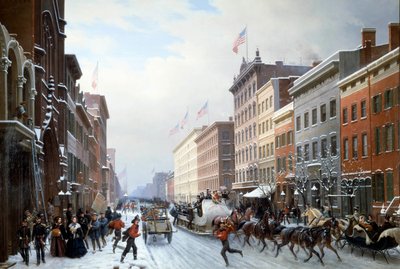 1840年のマンハッタンからニューヨークへの通り Hippolyte Victor Valentin Sebron (1801-1879) の絵画 1840年 Sun.2.25 X 3.30 m Blerancourt.フランコ・アメリカン美術館 - ニューヨーク・マンハッタンの通り 作： Hippolyte Victor Valentin Sebron