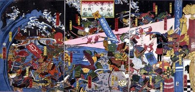 野菜と魚の戦いを描いたバトルシーンのパロディ 作： Hirokage Utagawa
