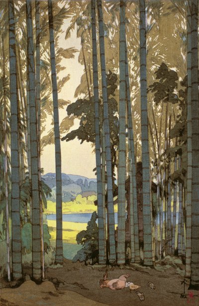 竹林の鶏 (カラー木版画) 作： Hiroshi Yoshida