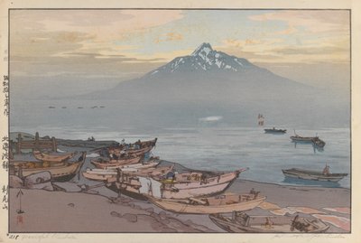平和な利尻（紙に木版画） 作： Hiroshi Yoshida