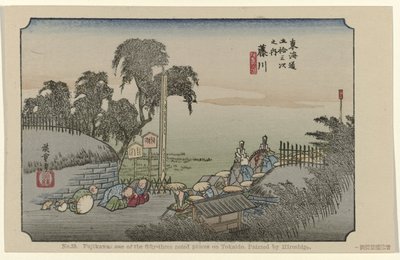 Fujikawa No. 38. Fujikawa: one of the fifty-three noted places on Tokaido, painted by Hiroshige (title on object) De Tôkaidô van Hiroshige (series title) Hiroshige no fude Tôkaidô (series title on object) 作： Hiroshige (I) , Utagawa