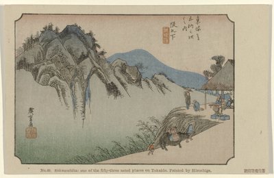 Saka no shita No. 49. Saka no shita: one of the fifty-three noted places on Tokaido, painted by Hiroshige (title on object) De Tôkaidô van Hiroshige (series title) Hiroshige no fude Tôkaidô (series title on object) 作： Hiroshige (I) , Utagawa