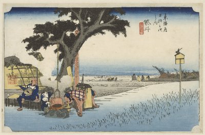 Theehuis in de buitenlucht in Fukuroi Fukuroi, dechaya no zu (title on object) De 53 stations van de Tokaido (series title) Tokaido gojusan tsugi no uchi (series title) 作： Hiroshige (I) , Utagawa