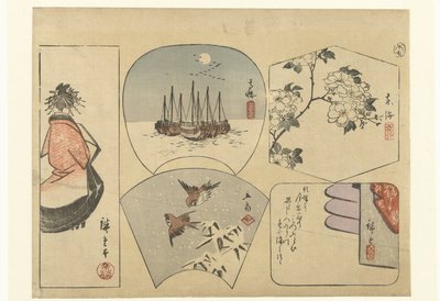 5つの切り抜きプレート 作： Hiroshige (I) , Utagawa