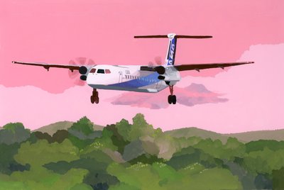 小さな飛行場に着陸する飛行機、2015年（紙にガッシュ） 作： Hiroyuki Izutsu