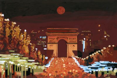 夜の凱旋門とシャンゼリゼ通り、2015年（紙にグワッシュ） 作： Hiroyuki Izutsu