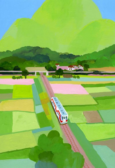 大きな緑の山と田んぼ 作： Hiroyuki Izutsu