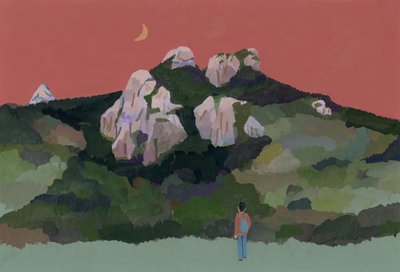 山を旅するバックパックを背負った男、2015年（紙にガッシュ） 作： Hiroyuki Izutsu