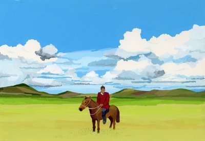 モンゴルの草原と馬に乗る人々、2015年（紙にガッシュ） 作： Hiroyuki Izutsu